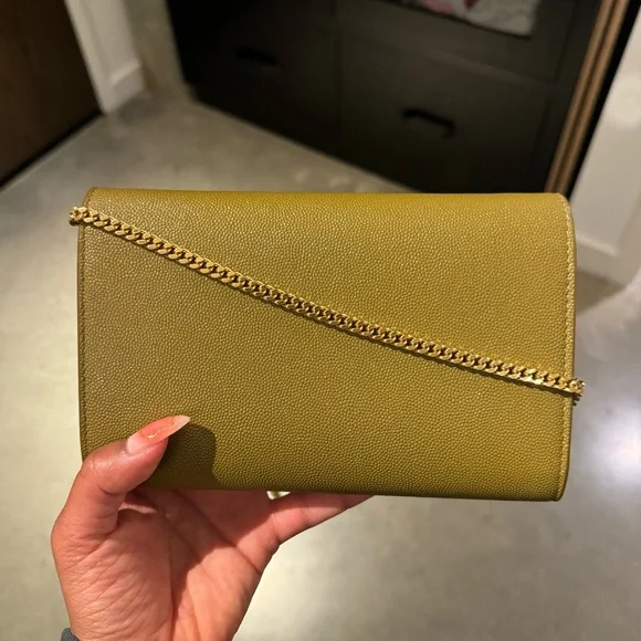 Relist - YSL CHARTREUSE UPTOWN CHAIN WALLET IN GRAIN DE POUDRE EMBOSSED LEATHER - Picture 9 of 11